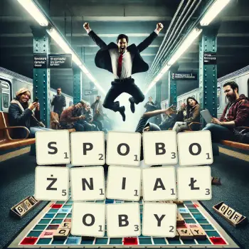 Kreatywna ilustracja do gry w Scrabble ze słowem SPOBOŻNIAŁOBY ułożonym z płytek na planszy.