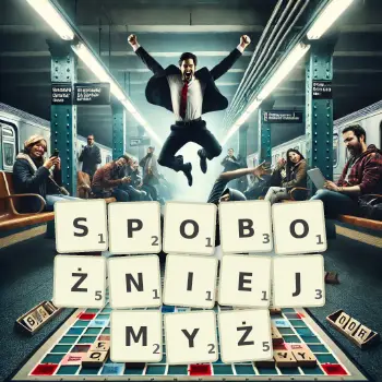 Kreatywna ilustracja do gry w Scrabble ze słowem SPOBOŻNIEJMYŻ ułożonym z płytek na planszy.
