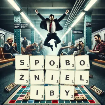 Kreatywna ilustracja do gry w Scrabble ze słowem SPOBOŻNIELIBY ułożonym z płytek na planszy.