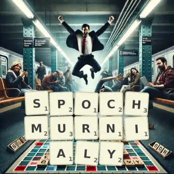 Kreatywna ilustracja do gry w Scrabble ze słowem SPOCHMURNIALY ułożonym z płytek na planszy.