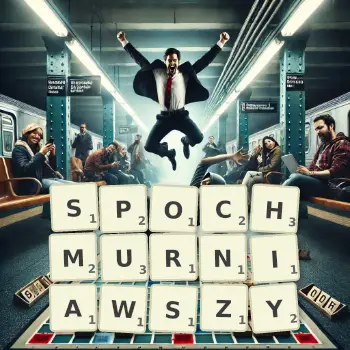 Kreatywna ilustracja do gry w Scrabble ze słowem SPOCHMURNIAWSZY ułożonym z płytek na planszy.