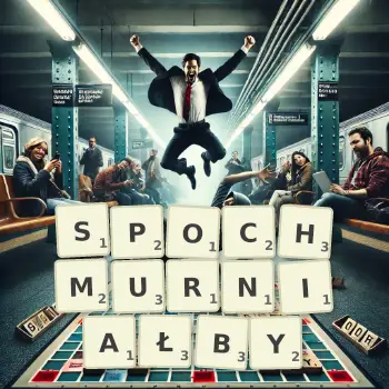 Kreatywna ilustracja do gry w Scrabble ze słowem SPOCHMURNIAŁBY ułożonym z płytek na planszy.