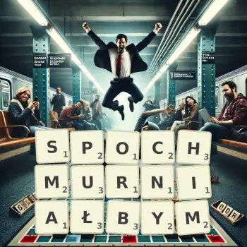 Kreatywna ilustracja do gry w Scrabble ze słowem SPOCHMURNIAŁBYM ułożonym z płytek na planszy.