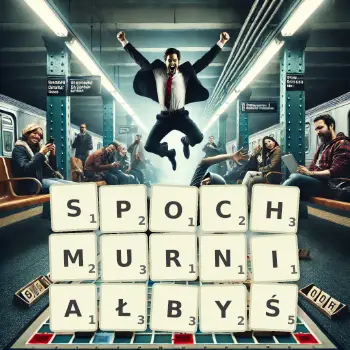 Kreatywna ilustracja do gry w Scrabble ze słowem SPOCHMURNIAŁBYŚ ułożonym z płytek na planszy.