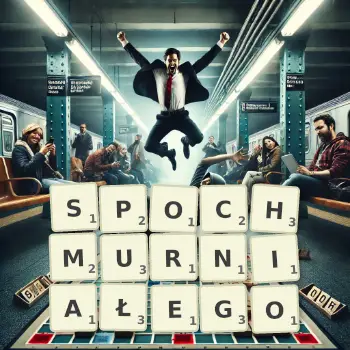 Kreatywna ilustracja do gry w Scrabble ze słowem SPOCHMURNIAŁEGO ułożonym z płytek na planszy.