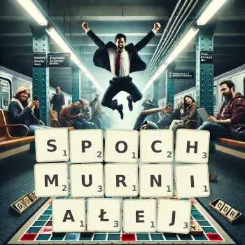 Kreatywna ilustracja do gry w Scrabble ze słowem SPOCHMURNIAŁEJ ułożonym z płytek na planszy.