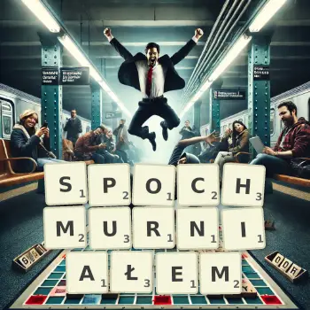 Kreatywna ilustracja do gry w Scrabble ze słowem SPOCHMURNIAŁEM ułożonym z płytek na planszy.