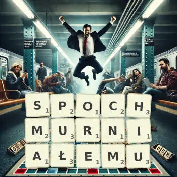 Kreatywna ilustracja do gry w Scrabble ze słowem SPOCHMURNIAŁEMU ułożonym z płytek na planszy.