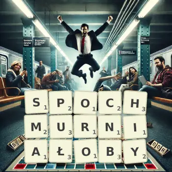 Kreatywna ilustracja do gry w Scrabble ze słowem SPOCHMURNIAŁOBY ułożonym z płytek na planszy.