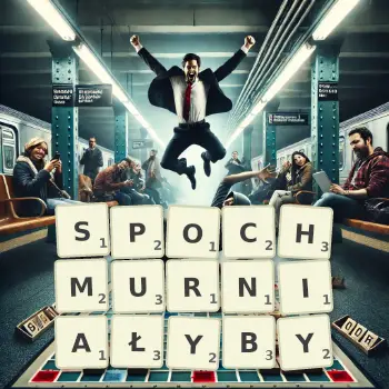 Kreatywna ilustracja do gry w Scrabble ze słowem SPOCHMURNIAŁYBY ułożonym z płytek na planszy.