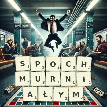 Kreatywna ilustracja do gry w Scrabble ze słowem SPOCHMURNIAŁYM ułożonym z płytek na planszy.