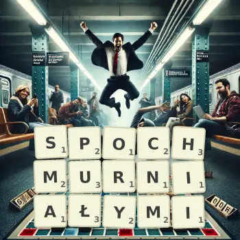 Kreatywna ilustracja do gry w Scrabble ze słowem SPOCHMURNIAŁYMI ułożonym z płytek na planszy.
