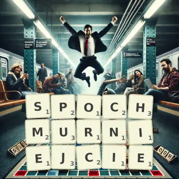 Kreatywna ilustracja do gry w Scrabble ze słowem SPOCHMURNIEJCIE ułożonym z płytek na planszy.