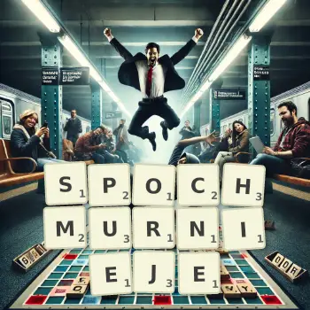 Kreatywna ilustracja do gry w Scrabble ze słowem SPOCHMURNIEJE ułożonym z płytek na planszy.