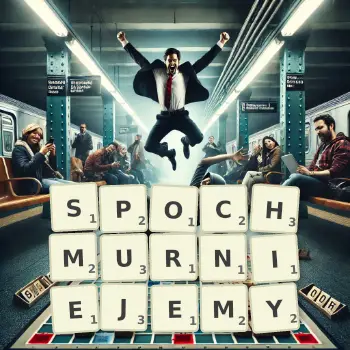 Kreatywna ilustracja do gry w Scrabble ze słowem SPOCHMURNIEJEMY ułożonym z płytek na planszy.