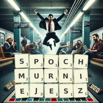 Kreatywna ilustracja do gry w Scrabble ze słowem SPOCHMURNIEJESZ ułożonym z płytek na planszy.