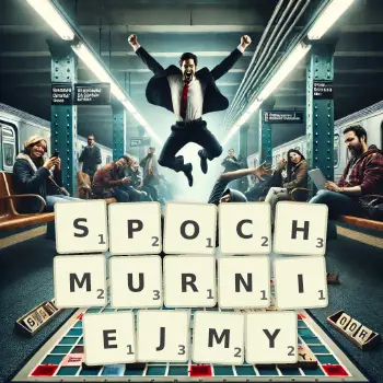 Kreatywna ilustracja do gry w Scrabble ze słowem SPOCHMURNIEJMY ułożonym z płytek na planszy.