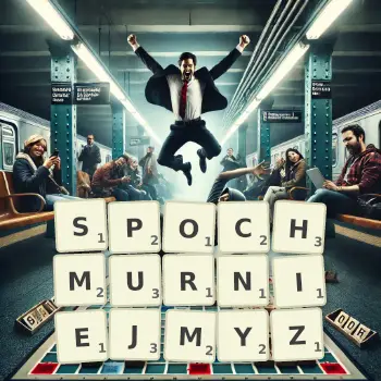 Kreatywna ilustracja do gry w Scrabble ze słowem SPOCHMURNIEJMYZ ułożonym z płytek na planszy.