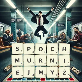 Kreatywna ilustracja do gry w Scrabble ze słowem SPOCHMURNIEJMYŻ ułożonym z płytek na planszy.