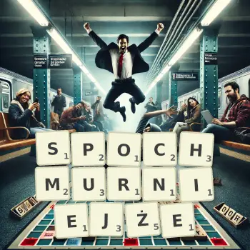 Kreatywna ilustracja do gry w Scrabble ze słowem SPOCHMURNIEJŻE ułożonym z płytek na planszy.