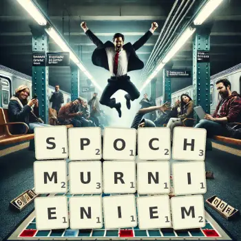 Kreatywna ilustracja do gry w Scrabble ze słowem SPOCHMURNIENIEM ułożonym z płytek na planszy.