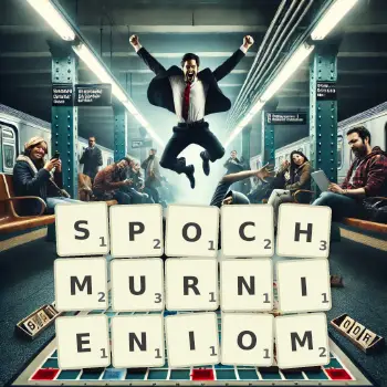 Kreatywna ilustracja do gry w Scrabble ze słowem SPOCHMURNIENIOM ułożonym z płytek na planszy.