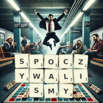 Kreatywna ilustracja do gry w Scrabble ze słowem SPOCZYWALISMY ułożonym z płytek na planszy.