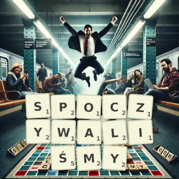 Kreatywna ilustracja do gry w Scrabble ze słowem SPOCZYWALIŚMY ułożonym z płytek na planszy.