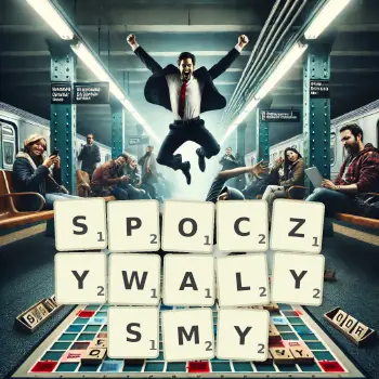Kreatywna ilustracja do gry w Scrabble ze słowem SPOCZYWALYSMY ułożonym z płytek na planszy.