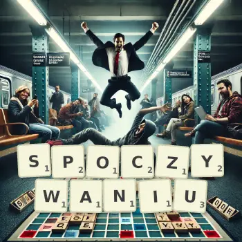 Kreatywna ilustracja do gry w Scrabble ze słowem SPOCZYWANIU ułożonym z płytek na planszy.