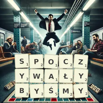 Kreatywna ilustracja do gry w Scrabble ze słowem SPOCZYWAŁYBYŚMY ułożonym z płytek na planszy.