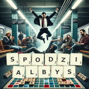 Kreatywna ilustracja do gry w Scrabble ze słowem SPODZIALBYS ułożonym z płytek na planszy.