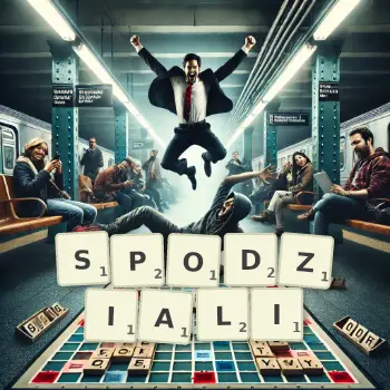 Kreatywna ilustracja do gry w Scrabble ze słowem SPODZIALI ułożonym z płytek na planszy.