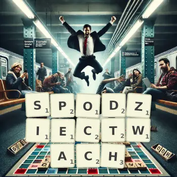 Kreatywna ilustracja do gry w Scrabble ze słowem SPODZIECTWACH ułożonym z płytek na planszy.