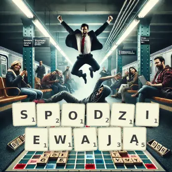 Kreatywna ilustracja do gry w Scrabble ze słowem SPODZIEWAJĄ ułożonym z płytek na planszy.