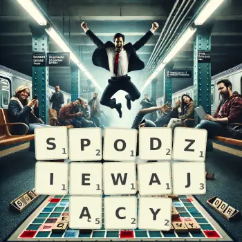 Kreatywna ilustracja do gry w Scrabble ze słowem SPODZIEWAJĄCY ułożonym z płytek na planszy.