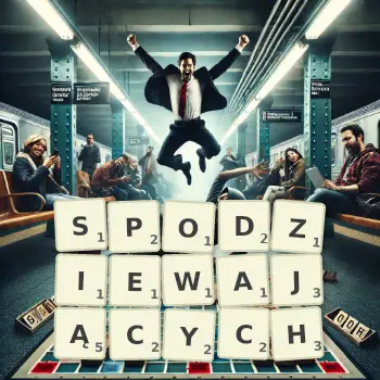 Kreatywna ilustracja do gry w Scrabble ze słowem SPODZIEWAJĄCYCH ułożonym z płytek na planszy.