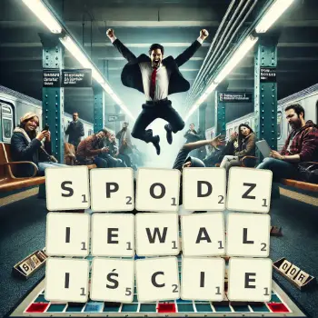 Kreatywna ilustracja do gry w Scrabble ze słowem SPODZIEWALIŚCIE ułożonym z płytek na planszy.