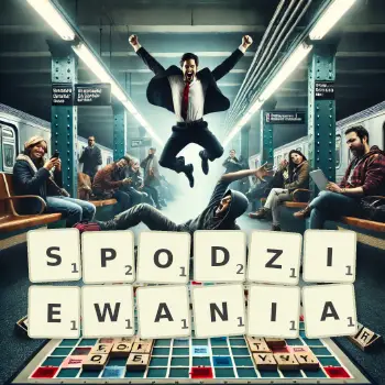 Kreatywna ilustracja do gry w Scrabble ze słowem SPODZIEWANIA ułożonym z płytek na planszy.