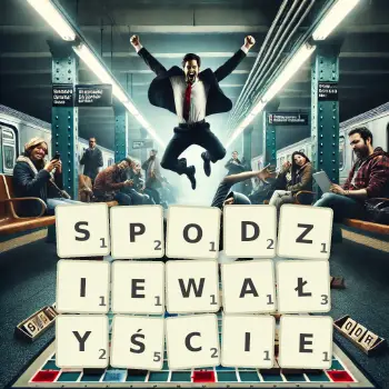 Kreatywna ilustracja do gry w Scrabble ze słowem SPODZIEWAŁYŚCIE ułożonym z płytek na planszy.
