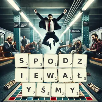 Kreatywna ilustracja do gry w Scrabble ze słowem SPODZIEWAŁYŚMY ułożonym z płytek na planszy.