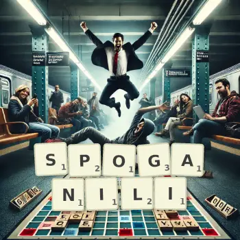 Kreatywna ilustracja do gry w Scrabble ze słowem SPOGANILI ułożonym z płytek na planszy.