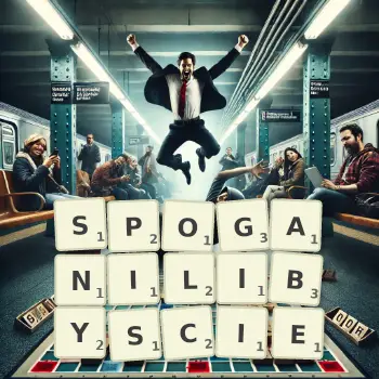 Kreatywna ilustracja do gry w Scrabble ze słowem SPOGANILIBYSCIE ułożonym z płytek na planszy.