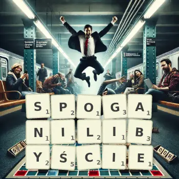 Kreatywna ilustracja do gry w Scrabble ze słowem SPOGANILIBYŚCIE ułożonym z płytek na planszy.