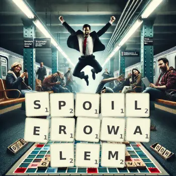 Kreatywna ilustracja do gry w Scrabble ze słowem SPOILEROWALEM ułożonym z płytek na planszy.