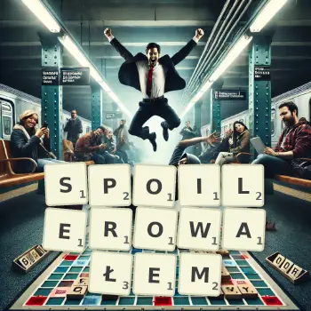 Kreatywna ilustracja do gry w Scrabble ze słowem SPOILEROWAŁEM ułożonym z płytek na planszy.
