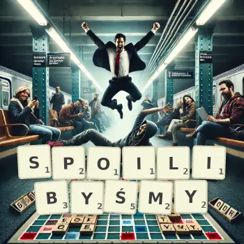 Kreatywna ilustracja do gry w Scrabble ze słowem SPOILIBYŚMY ułożonym z płytek na planszy.