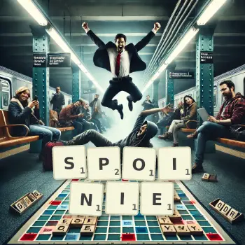 Kreatywna ilustracja do gry w Scrabble ze słowem SPOINIE ułożonym z płytek na planszy.