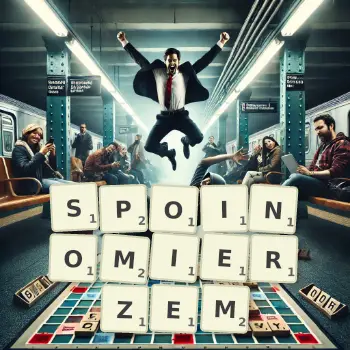 Kreatywna ilustracja do gry w Scrabble ze słowem SPOINOMIERZEM ułożonym z płytek na planszy.