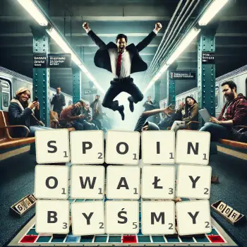 Kreatywna ilustracja do gry w Scrabble ze słowem SPOINOWAŁYBYŚMY ułożonym z płytek na planszy.